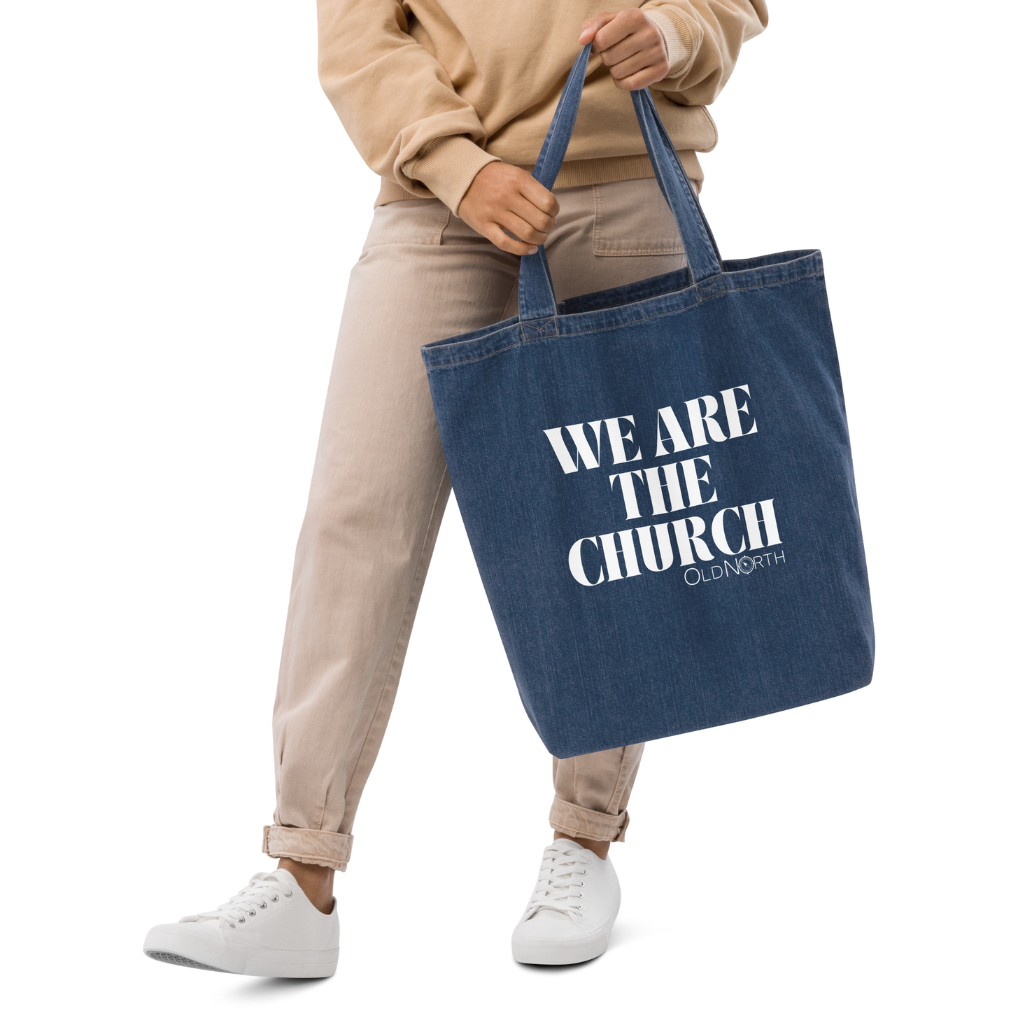 We Are the Church Organic denim tote bag