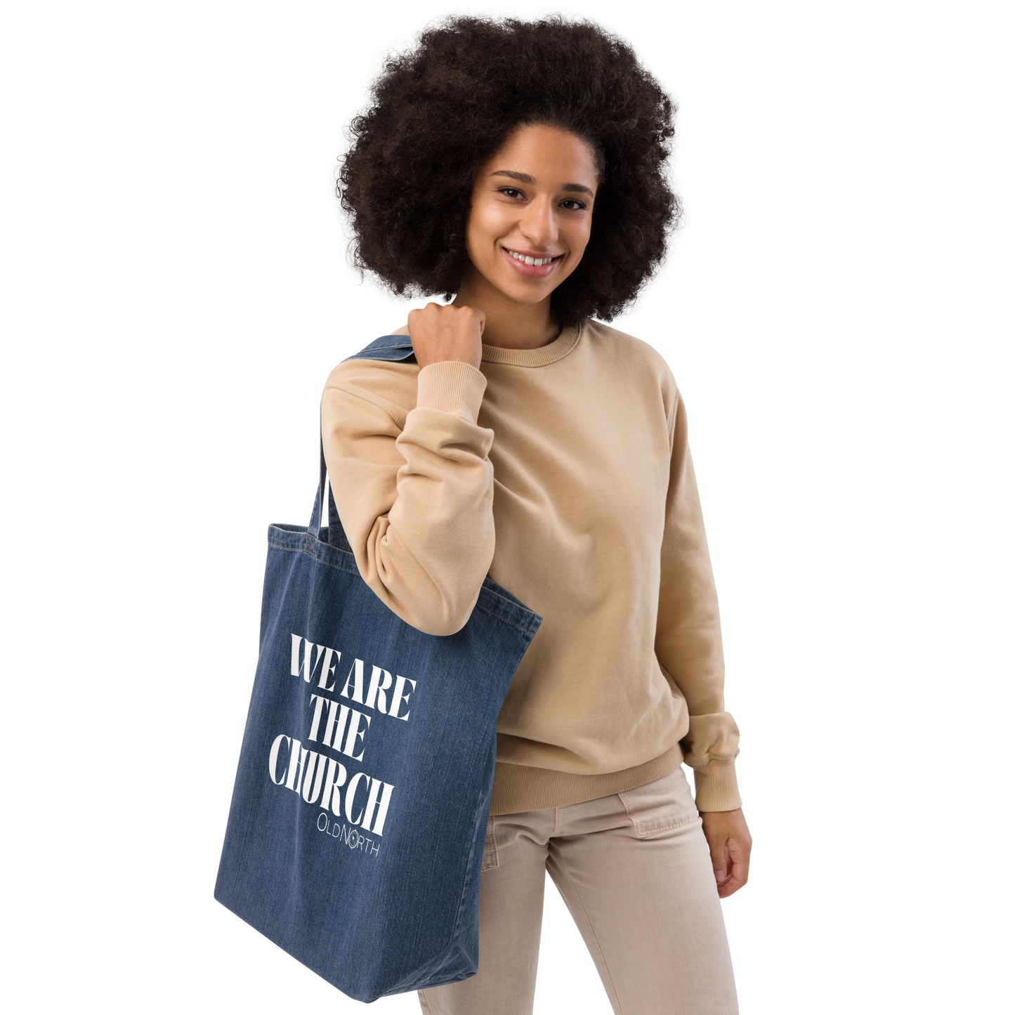 We Are the Church Organic denim tote bag