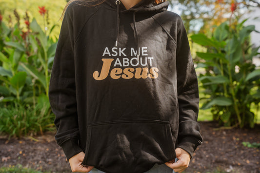 Ask Me About Jesus Unisex eco raglan hoodie